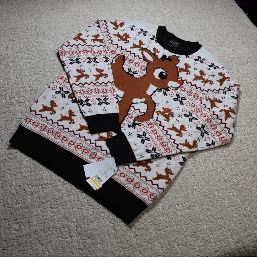 Rudolph the Red-Nosed Reindeer Fair Isle Holiday Sweater White Black Small